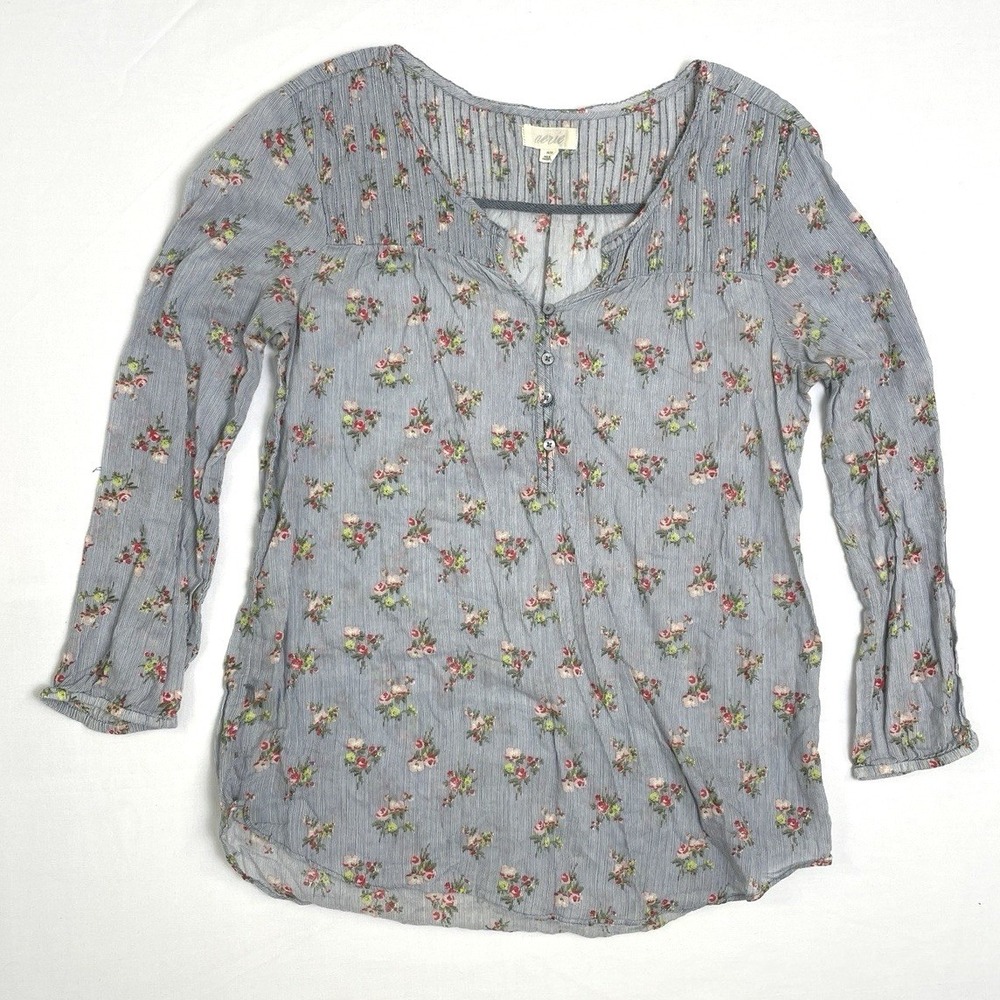 Aerie Floral Henley Top Women's M Blue‎ Cottagecore Boho Peasant Long Sleeve